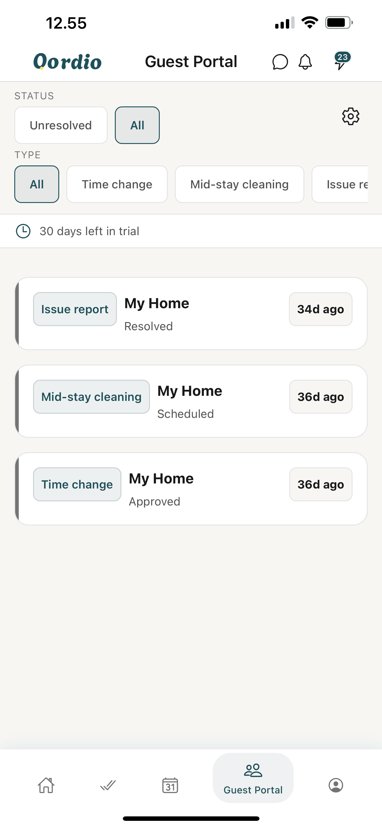 Oordio host queue showing guest requests and stay portal activity in one place