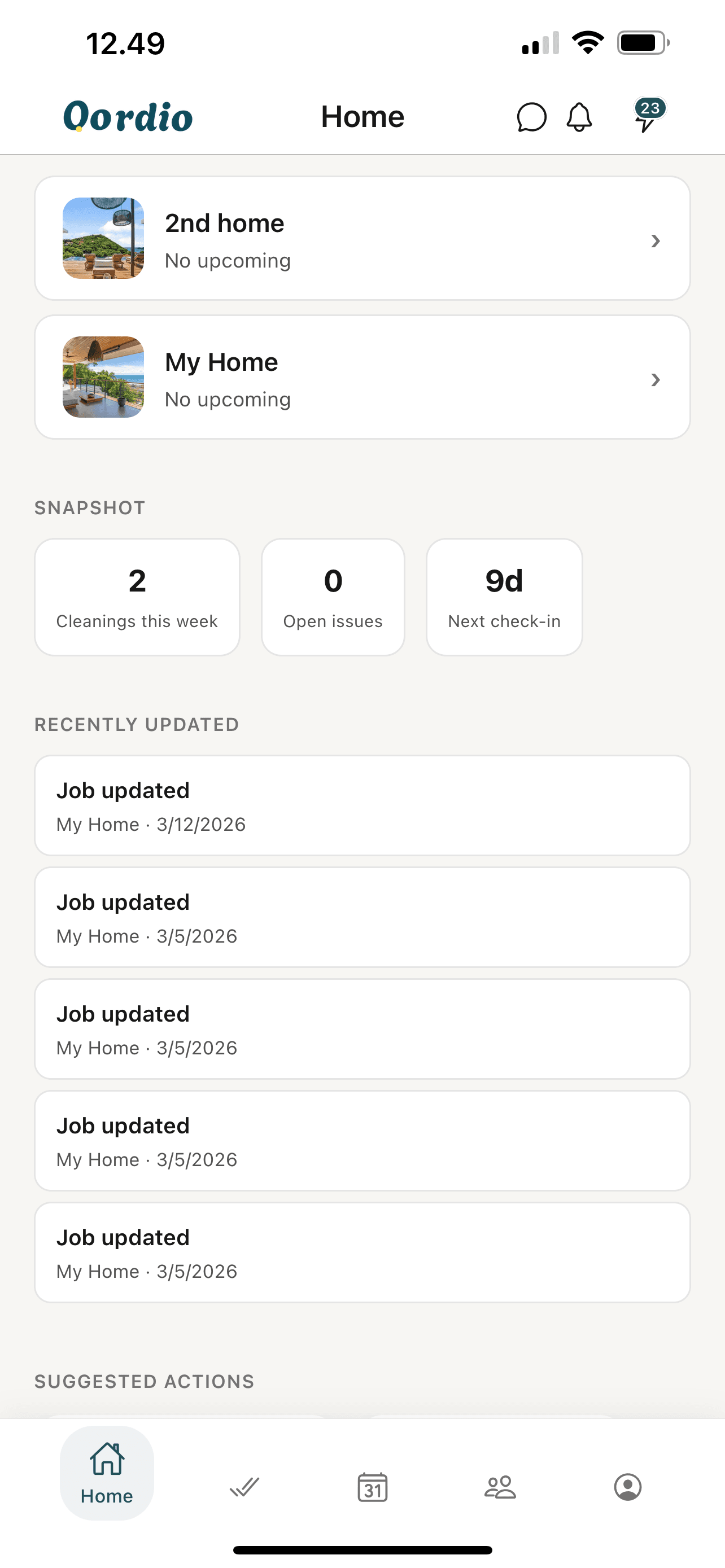 Oordio host dashboard showing snapshot, upcoming work, and multi-property context